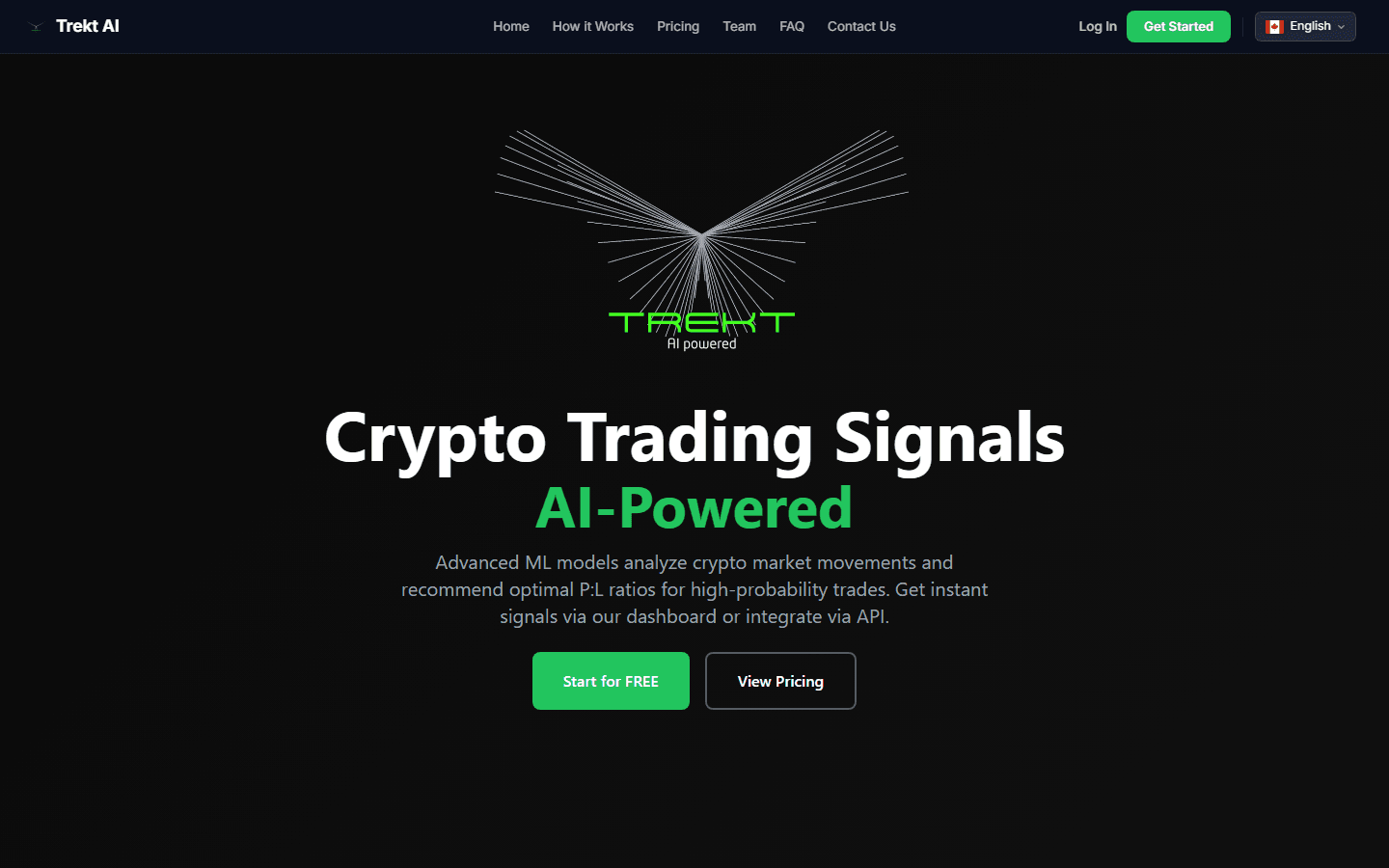 The Trekt AI homepage: crypto trading signals, AI-powered